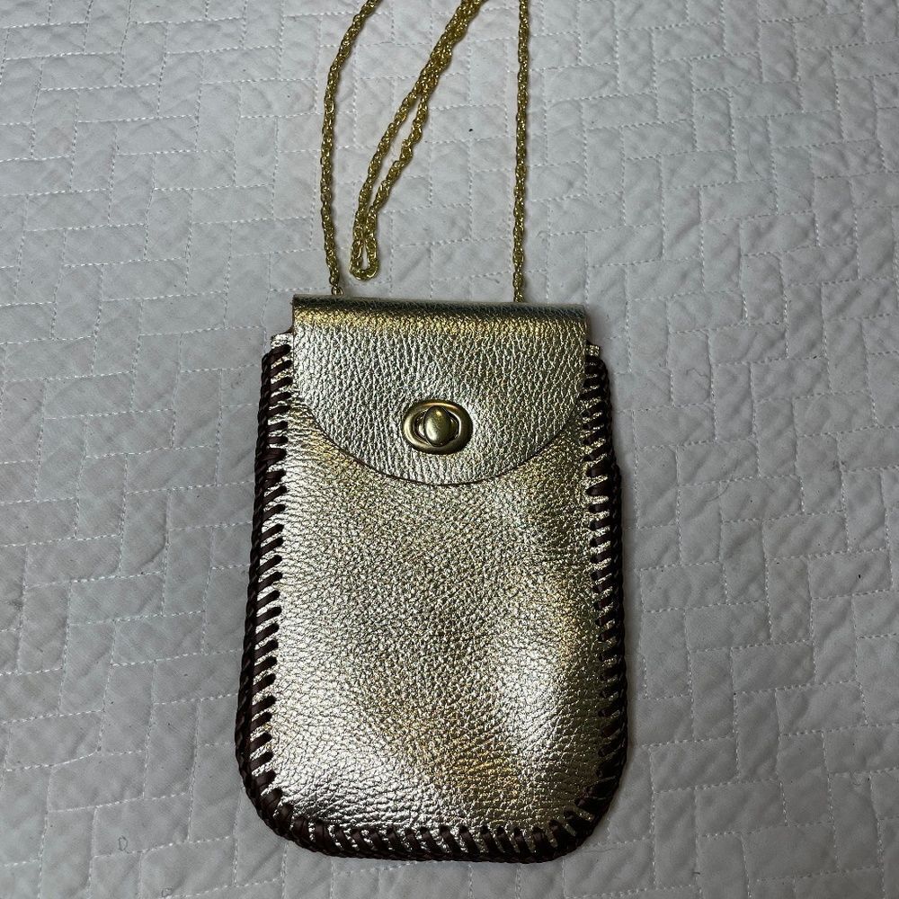 Handmade Custom Gold & Brown Leather Wrap Small Satchel w/ Gold Toned String - Picture 1 of 9